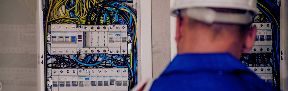 back of an electrician looking at a circuit breaker