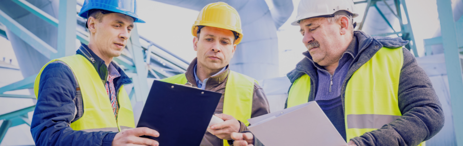 Group of male construction workers in discussion with clipboards in their hands